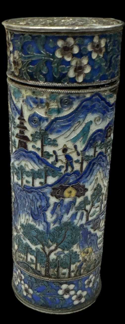 A Chinese silver cloisonné enamel scent bottle with horn interior, the bottom of the lid with