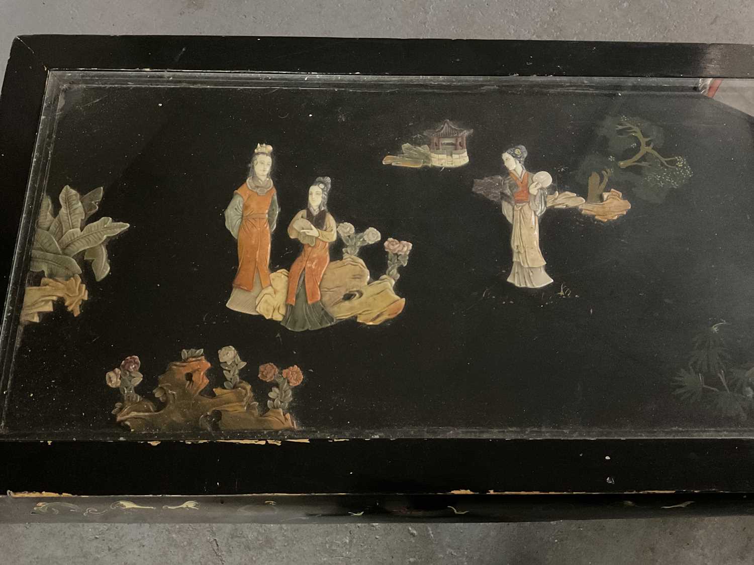 A 20th century Chinese ebonised and hardstone set glass topped coffee table, 102 x 56cm. - Image 2 of 3