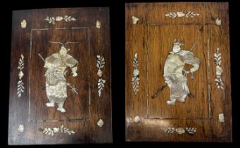A pair of late 19th century Chinese rosewood mother of pearl inlaid panels, both depicting scenes of
