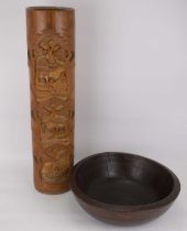 An early 20th century carved bamboo stick stand, height 55cm, diameter 12.5cm, together with a