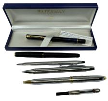 WATERMAN; a cased blue marble effect fountain pen, three Cross ballpoint pens and a Parker ballpoint