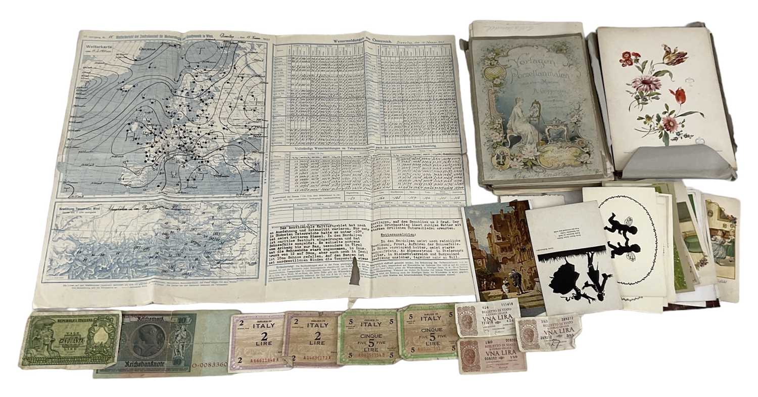An early 20th century German map dated 1935, a small quantity of Italian and German banknotes, a