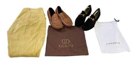 GUCCI; a pair of gentleman's suede loafers, size 9.5, a pair of gentleman's brown leather loafers,
