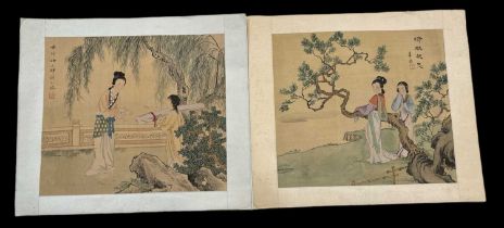 A group of seven Chinese watercolours and a print of a fox (8).