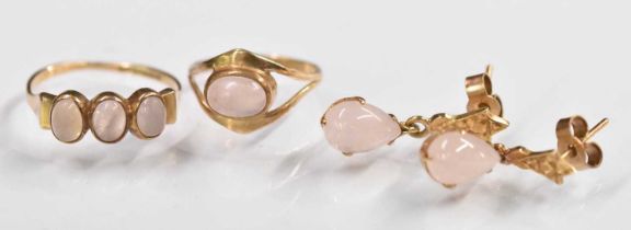 A 9ct yellow gold rose quartz set dress ring, size K, a 9ct yellow gold rose quartz set ring, size