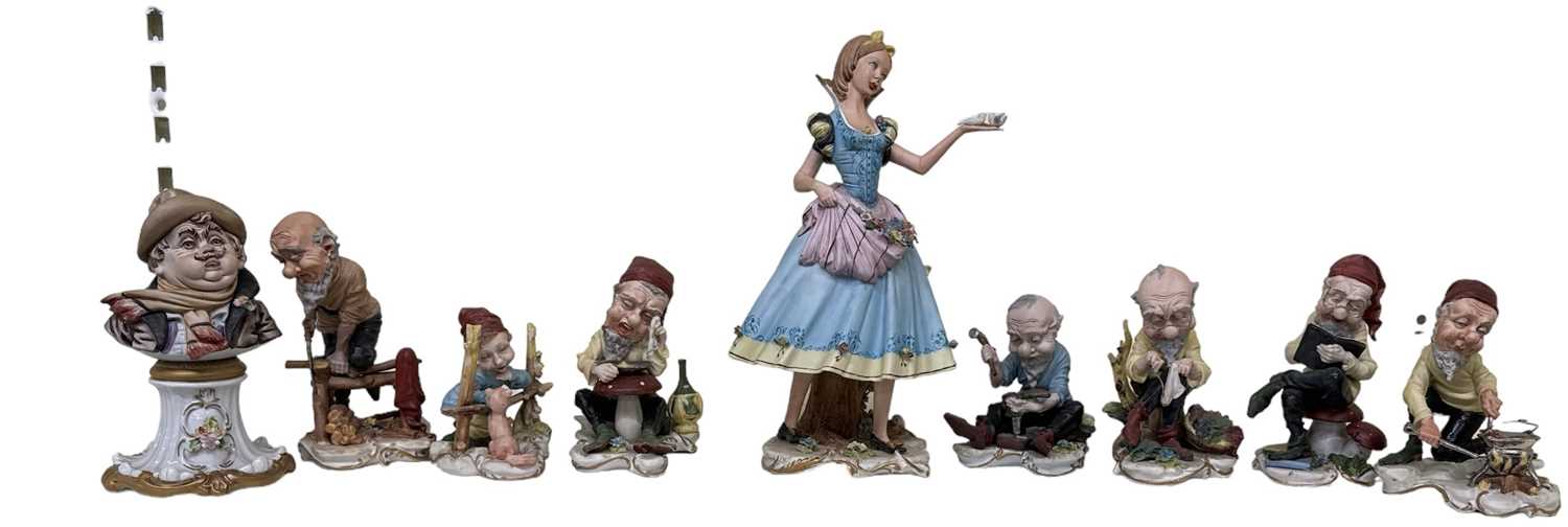 CAPO-DI-MONTE; a set of eight porcelain figures 'Snow White and the Seven Dwarfs', height of tallest