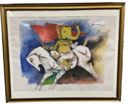 M F HUSAIN; watercolour, study of an elephant on horseback waving a flag, signed, 56 x 71cm,