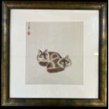 A 20th century Chinese watercolour of foxes, signed upper left, 28 x 25.5cm, framed and glazed.