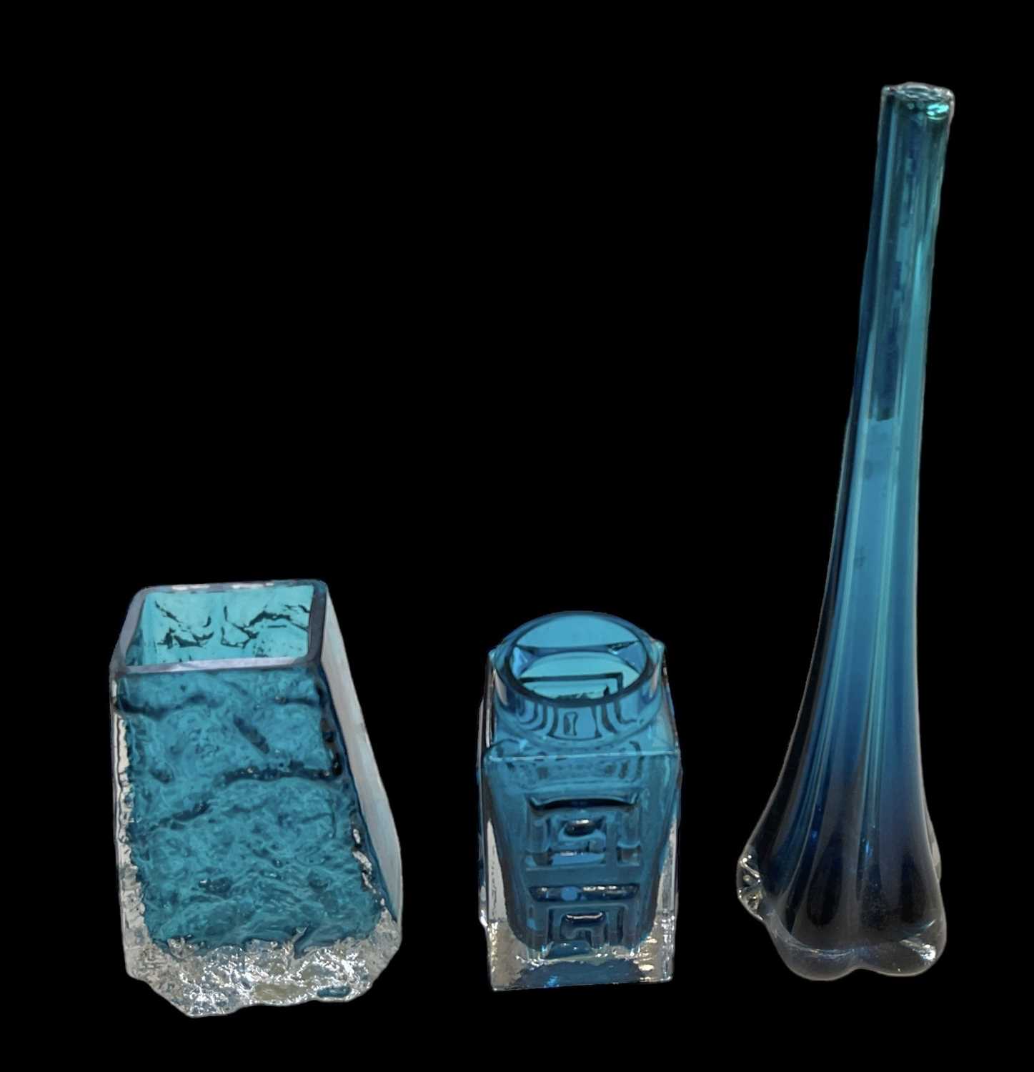 WHITEFRIARS; a Kingfisher Blue Greek key vase, height 11cm, a Kingfisher Blue bud vase, height 26cm,