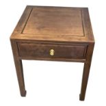 A modern Chinese hardwood single drawer side table, top measures 51 x 51cm.