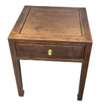 A modern Chinese hardwood single drawer side table, top measures 51 x 51cm.