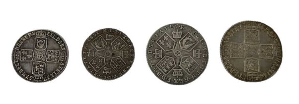 A George II shilling dated 1758 and half shilling dated 1757, also a George III shilling and a