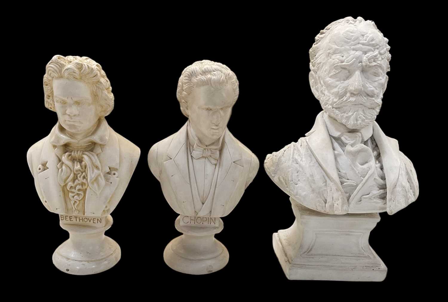 Three resin busts of classical composers comprising Beethoven, Chopin and Tchaikovsky, height of