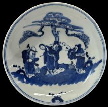 A Chinese blue and white porcelain dish decorated with figures in a garden, diameter 14cm.