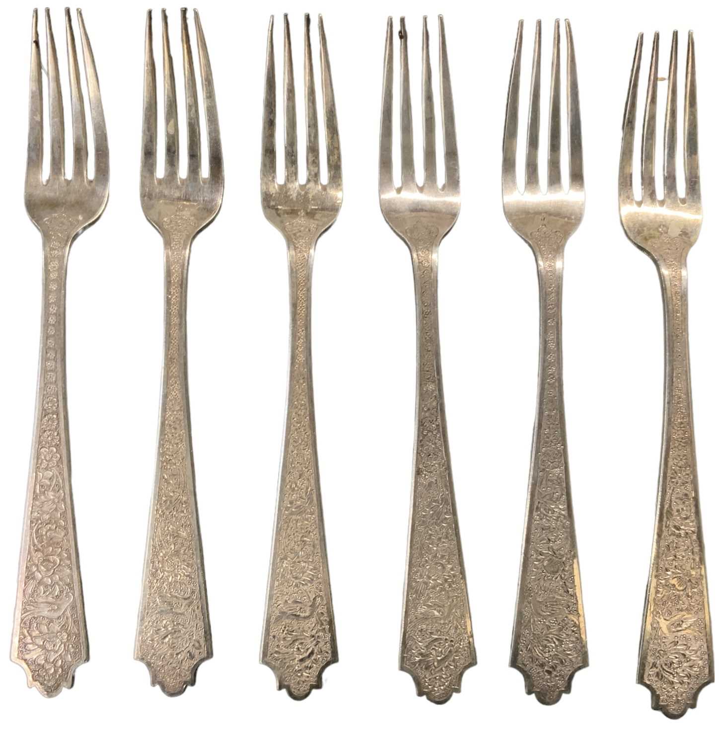 A set of six white metal forks, combined approx 10.5ozt/339g.