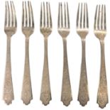 A set of six white metal forks, combined approx 10.5ozt/339g.