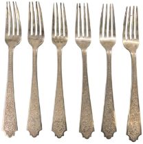 A set of six white metal forks, combined approx 10.5ozt/339g.