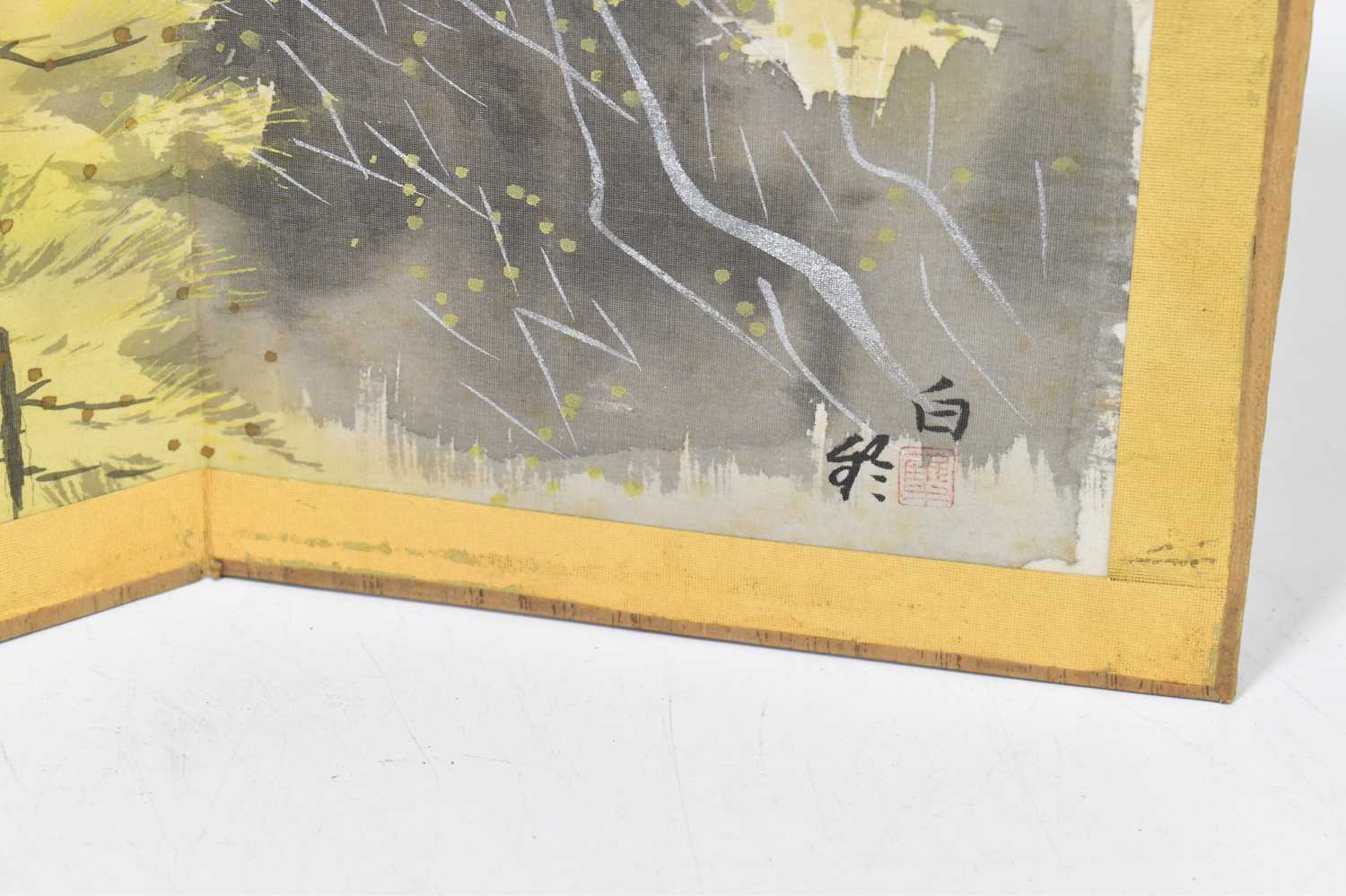 20TH CENTURY JAPANESE SCHOOL; watercolour on folded silk, a three-fold four panelled mountainous - Image 2 of 3