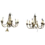 A pair of modern brass effect six branch chandeliers, height 55cm.