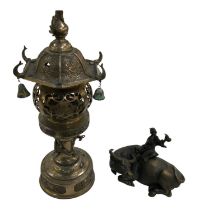 A Chinese gilt metal censer, with cloisonné enamel hanging bells (two lacking), height 46cm, and a