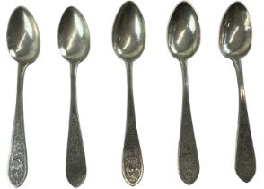 A set of five white metal teaspooons, combined approx 4.1ozt/127.5g.