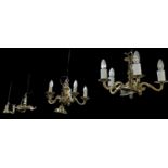 A set of three modern brass effect five branch ceiling lights, height approx 33cm, and another