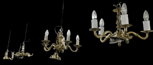 A set of three modern brass effect five branch ceiling lights, height approx 33cm, and another