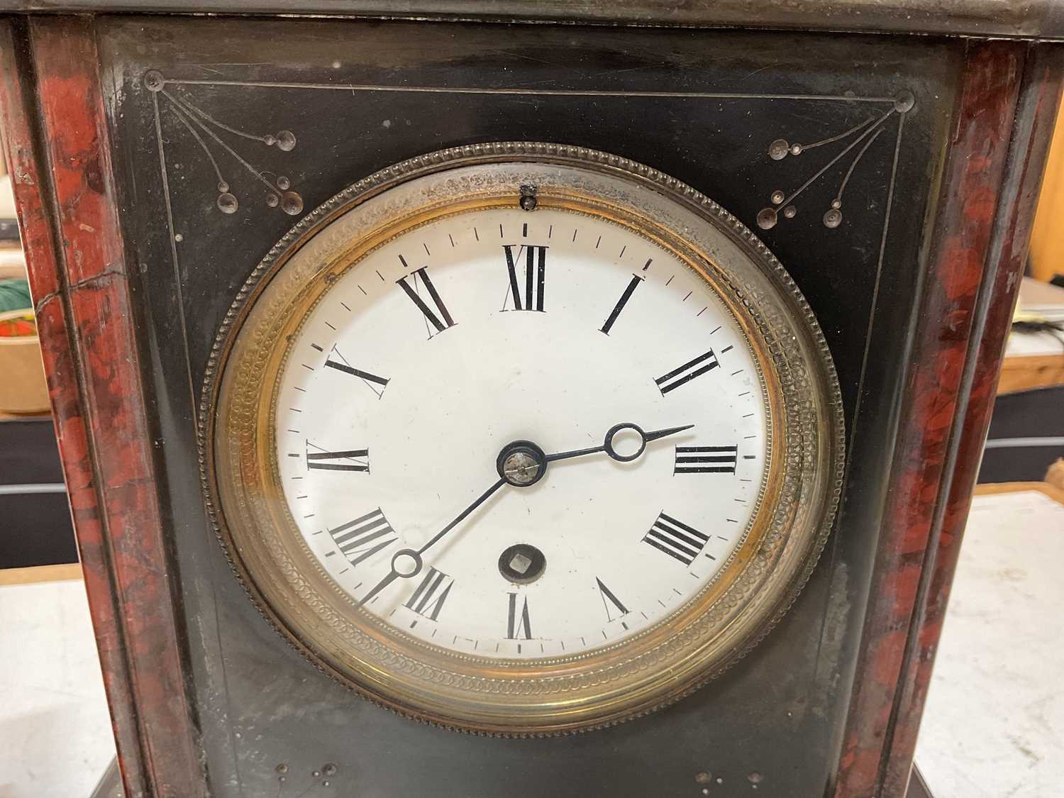 A Victorian slate mantel clock, the white enamel dial set with Roman numerals, height 24.5cm, - Image 2 of 3