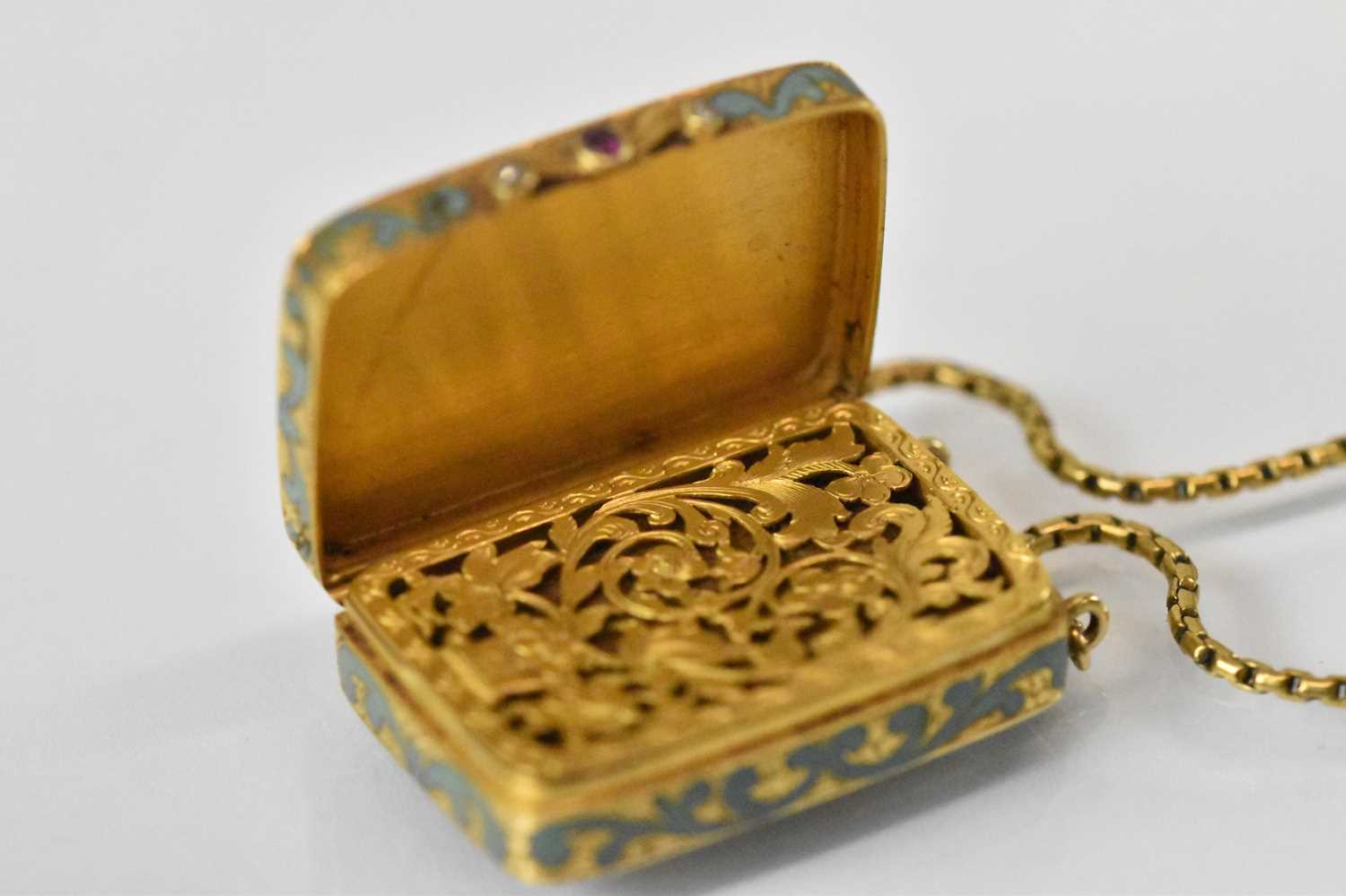 A yellow metal and turquoise enamel vinaigrette with pierced gilt interior and thumbpiece set with - Image 2 of 3