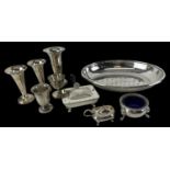 A small quantity of plated items including two piece cruet, trumpet vases, oval dish, etc.