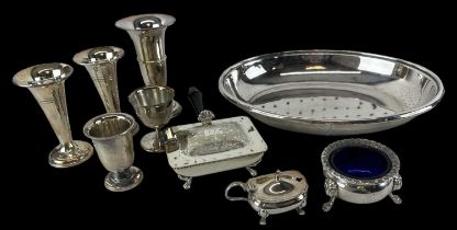 A small quantity of plated items including two piece cruet, trumpet vases, oval dish, etc.