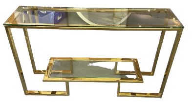 A modern brass framed two tier glass topped hall table, width 130cm.