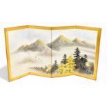 20TH CENTURY JAPANESE SCHOOL; watercolour on folded silk, a three-fold four panelled mountainous