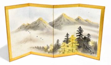 20TH CENTURY JAPANESE SCHOOL; watercolour on folded silk, a three-fold four panelled mountainous