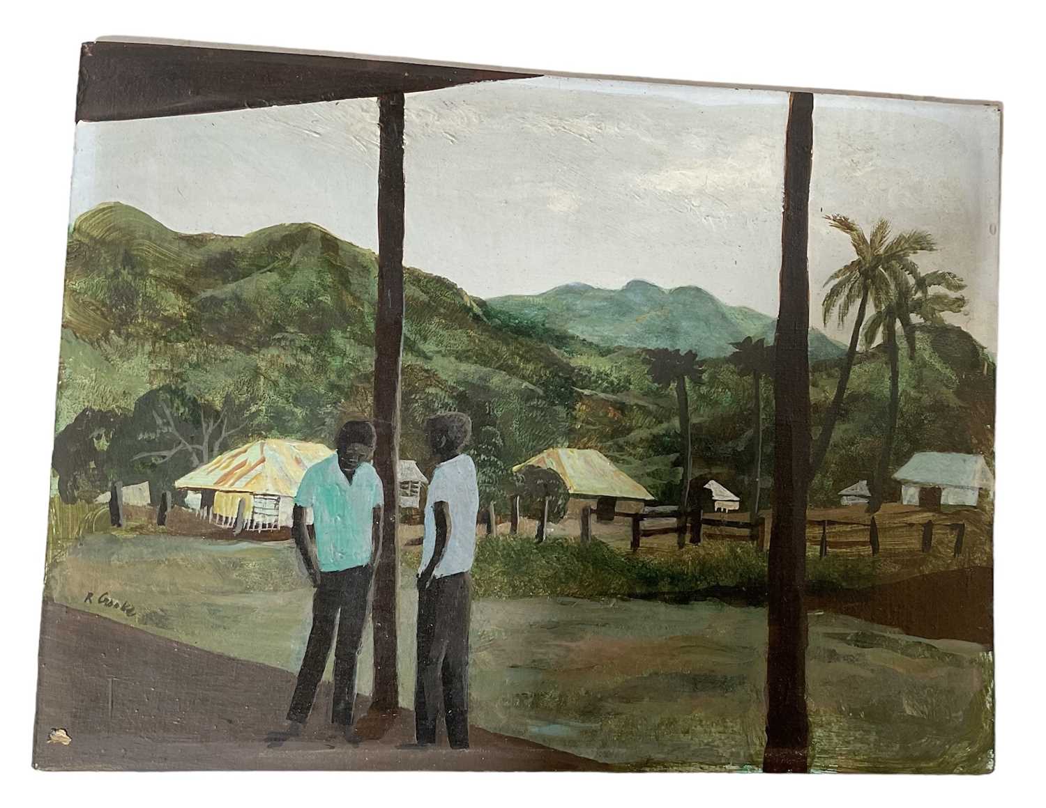 † RAY CROOKE (Australian, 1922-2015); oil on board, rural scene of two boys amongst landscape,