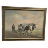 WILLIAM KING; large oil on canvas, rural scene, two cows pulling a plough with farmer in the