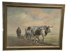 WILLIAM KING; large oil on canvas, rural scene, two cows pulling a plough with farmer in the