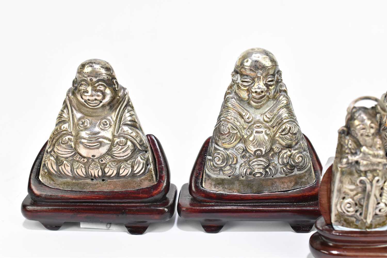Three pairs of Mongolian white metal hat finials, each now mounted on a modern wooden stand for - Image 2 of 4
