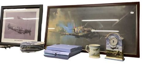 A group of RAF related items including a wall hanging made up of four porcelain dishes, 'South in