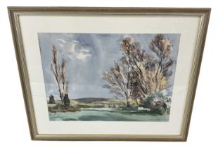 † TOM NISBET (1909-2001); watercolour, rural scene, trees with hills in the background, signed lower