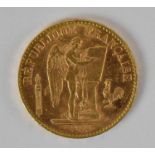 An 1893 French twenty francs gold coin, diameter 2cm, approx 6.5g.