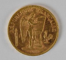 An 1893 French twenty francs gold coin, diameter 2cm, approx 6.5g.