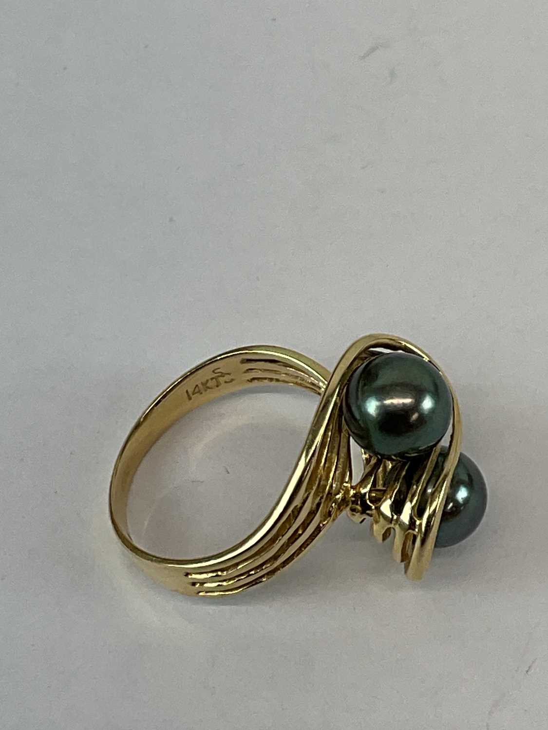 A 14ct yellow gold black pearl set ring, size L, together with pair of matching 14ct yellow gold - Image 3 of 3