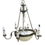 A large brass framed glass domed six branch ceiling light, height approx 85cm.
