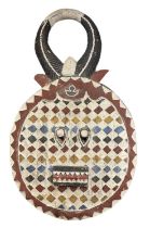 A large African Baule mask with red, white, black, yellow and blue painted decoration, height 107cm,