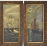 UNATTRIBUTED; pair of 19th century oils on canvas, shipping scenes, 73.5 x 28.5cm, gilt framed (both