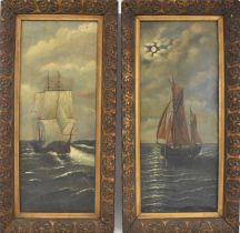 UNATTRIBUTED; pair of 19th century oils on canvas, shipping scenes, 73.5 x 28.5cm, gilt framed (both