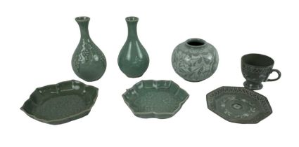 A group of six pieces of Korean celadon glazed porcelain, including a vase decorated with birds,