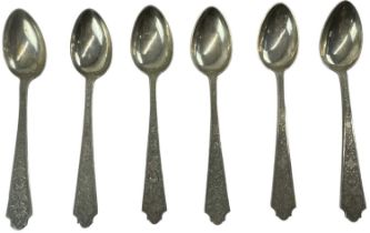 A set of six white metal teaspoons, indistinct marks, combined approx 4.7ozt/146g.