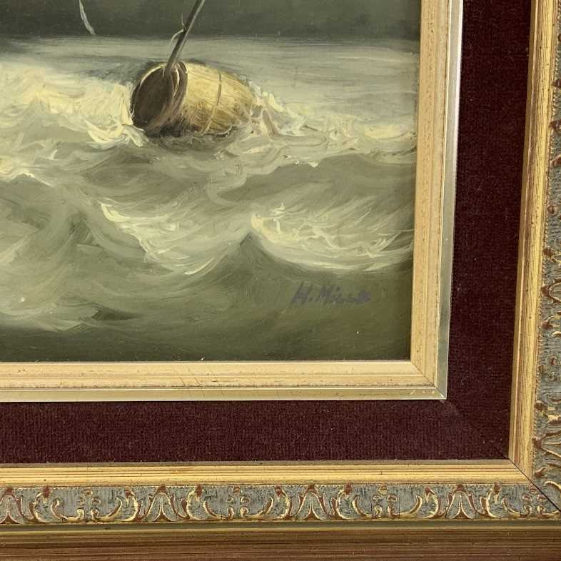 H MILLS; oil on canvas, shipping scene depicting a boat on stormy seas, signed lower right, 30 x - Image 2 of 2